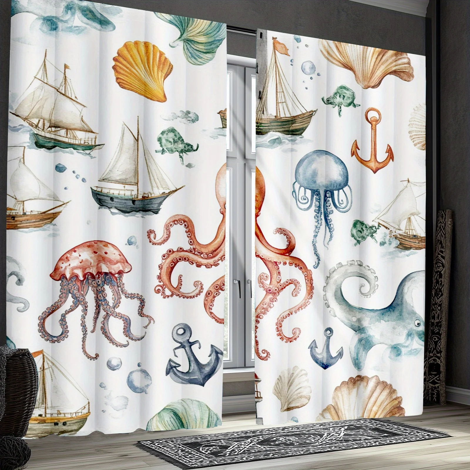 Watercolor Ocean Nautical Curtains Sea Life Decor Beach Jellyfish Octopus Window Treatment Curtain Home Decoration