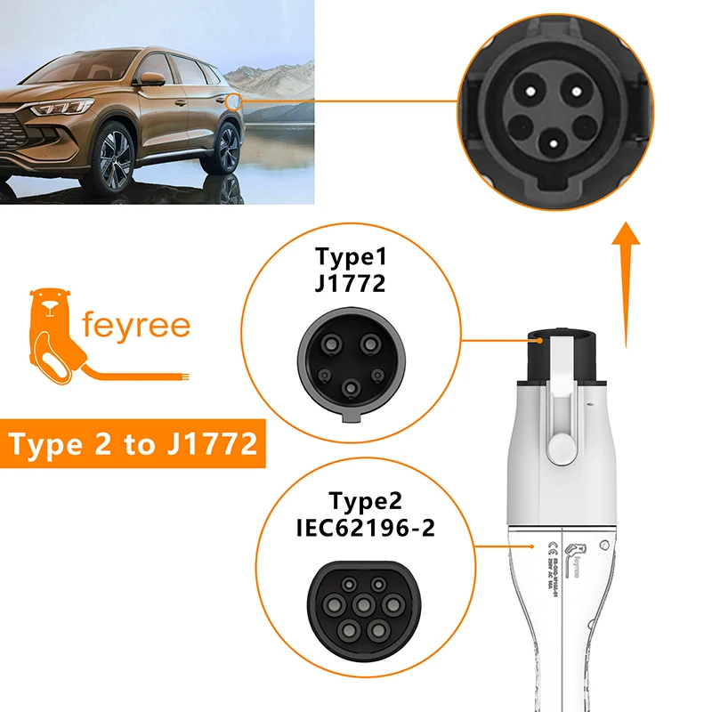 feyree EV Charger Adapter Type2 IEC62196-2 to Type1 Car Charging Socket AC Charger Adapter 32A 1Phase 3.5KW 7KW Max Electric Car