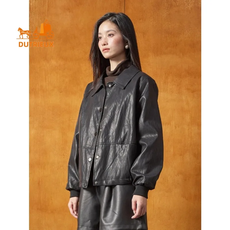 2025년 신상 가을 여성 패션 중간 길이 가죽 재킷, 100% 천연 양가죽, 심플하고 우아한 여성용 코트