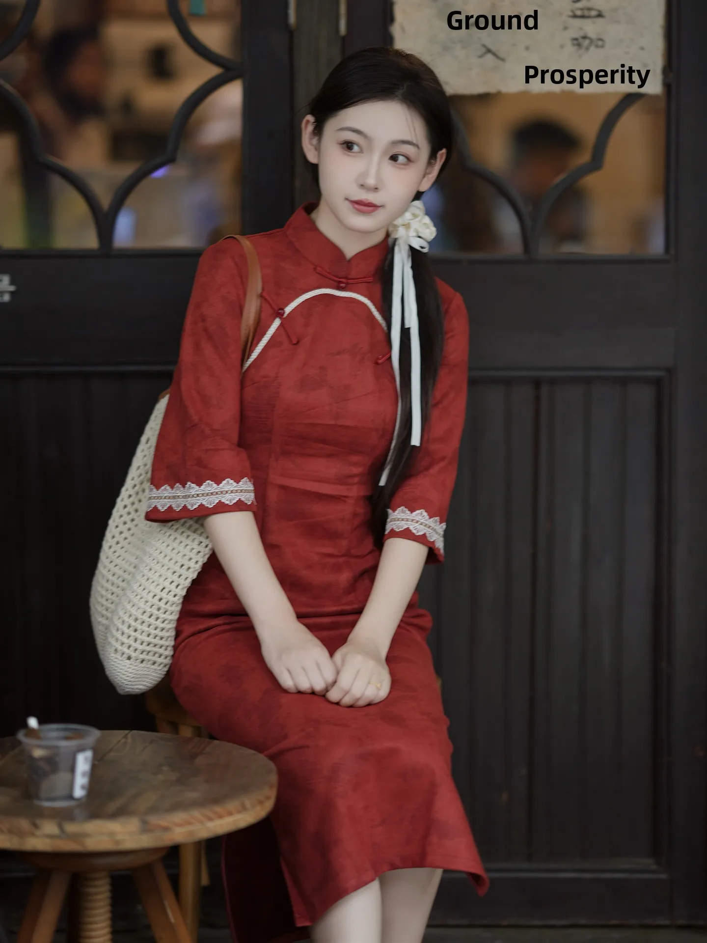 

Красная китайская женская юбка миди с воротником, пуговицами и кружевом в стиле ретро, новинка 2025 года