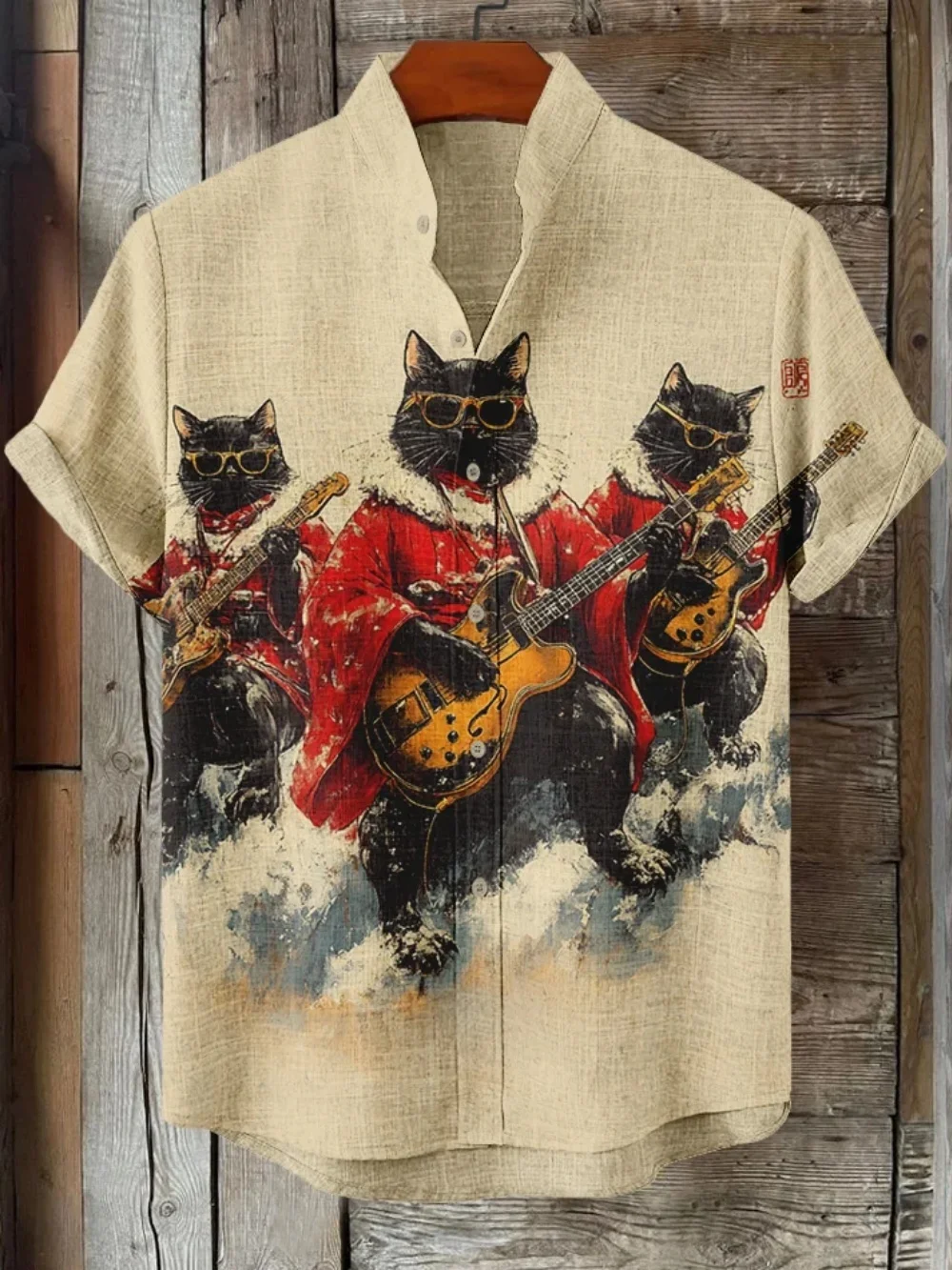

New 2025 Men's Stand up Collar Breathable Linen Shirt Retro Black Cat Band Printed Casual Outdoor Cardigan