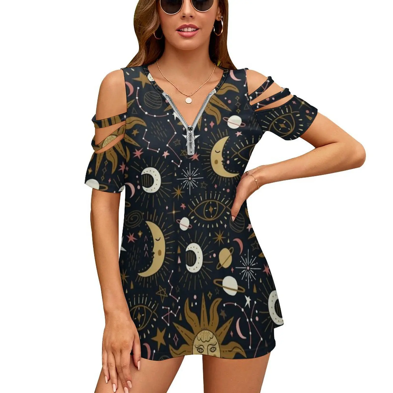 Heavenly Women's T-Shirt Summer Fashion Print Floral V-Neck Zipper Tshirt Hollow Pullover Ladies Top Sun Moon Stars Magical