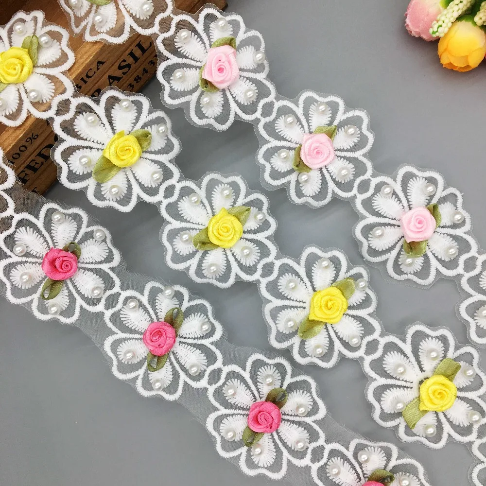 1Yard 3D Colorful Flowers Pearl Lace Trim Embroidered  Ribbon Fabric Handmade Beaded Sewing Craft For Costume Hat Decoration