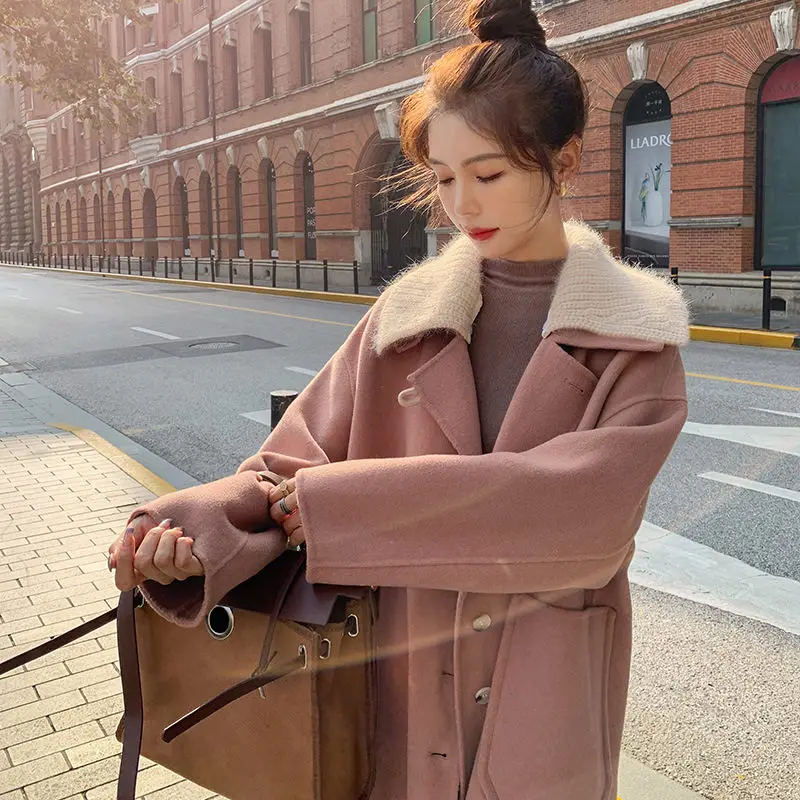 

Knitt Lapel Woolen Coat For Women Medium Long Windbreaker Korean Fashion Thickened Autumn And Winter Elegant Jacket Casacos T155