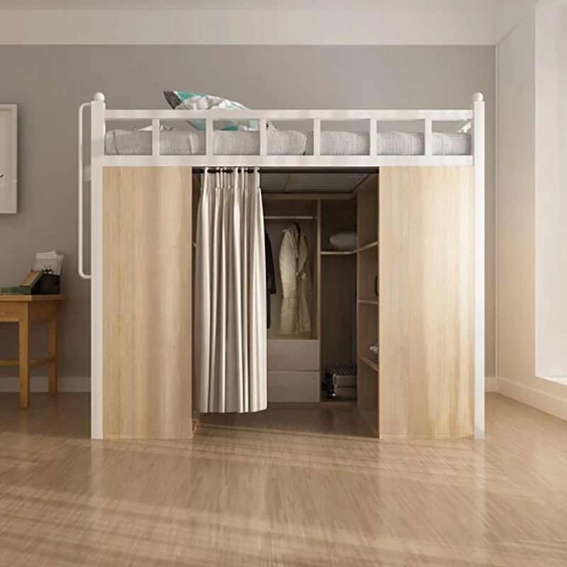 European elevated bed, loft style bed, under the bed cabinet, space saving small apartment complex, second floor