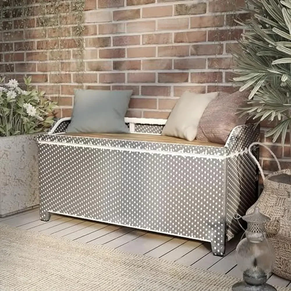 Outdoor Storage Bench French Style Diagonal Wicker Seat 2 Grey White 41