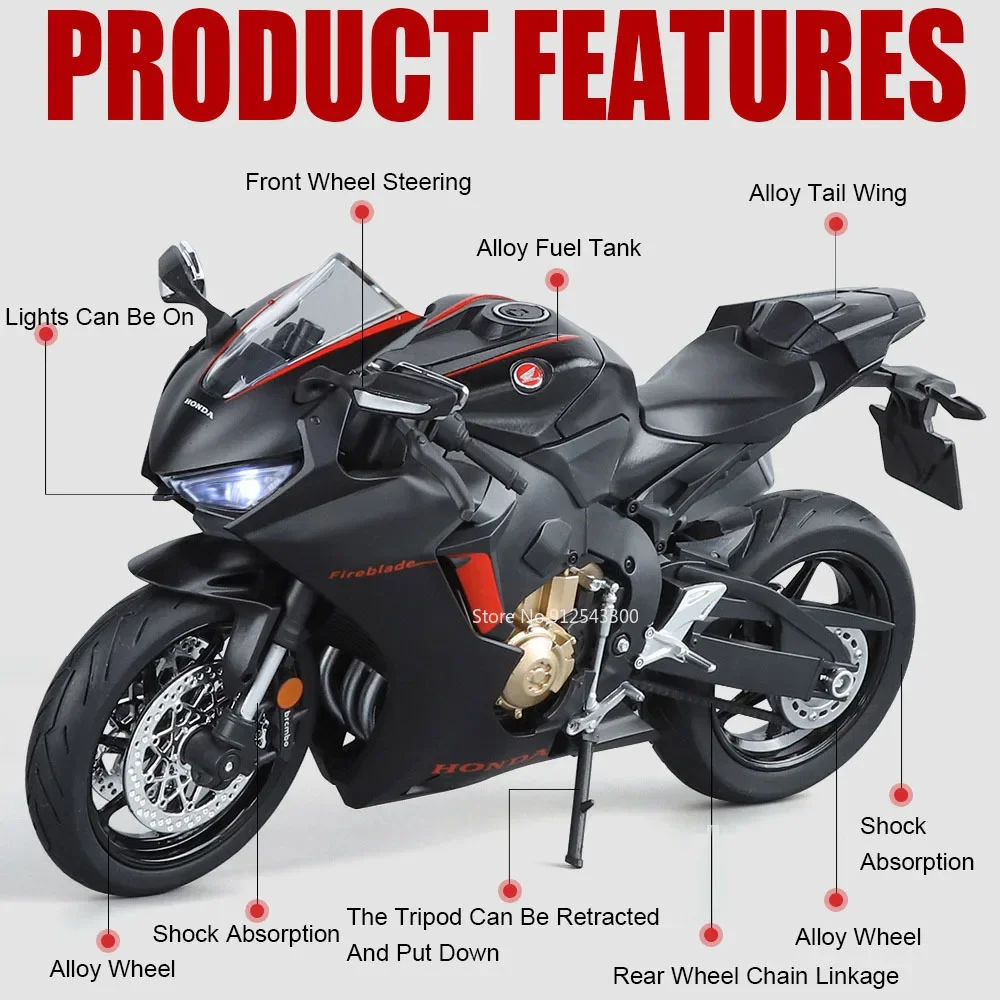 1:9 Kawasaki ZX-10R Honda CBR1000R Motorcycle Model Toy Alloy Body Wheel Steering Shock Absorption Motor Models for Kids Present