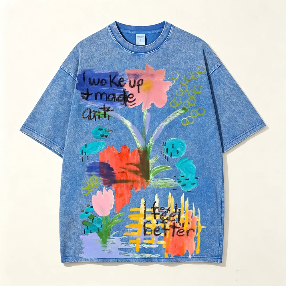 Washed Oversized Unisex T‑Shirt Abstract Floral Art Print Tee Vintage Aesthetic Artist Casual Streetwear Short Sleeve Tops
