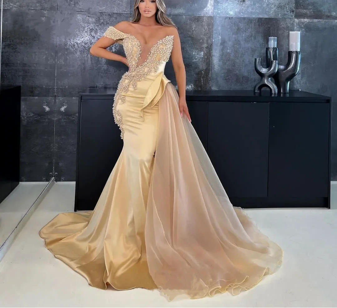 

Luxury Mermaid Prom Dresses Pearls One Shoulder Evening Gowns Detachable Train Custom Made Robe De Soirée