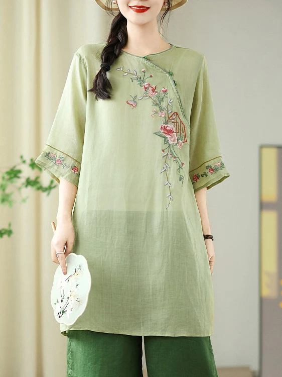 تي شيرت مطرز بقصة ضيقة متوسط الطول مستدير Ne كاجوال علوي صيفي من القطن والبوليستر مزيج كمثرى مستقيم Bo...