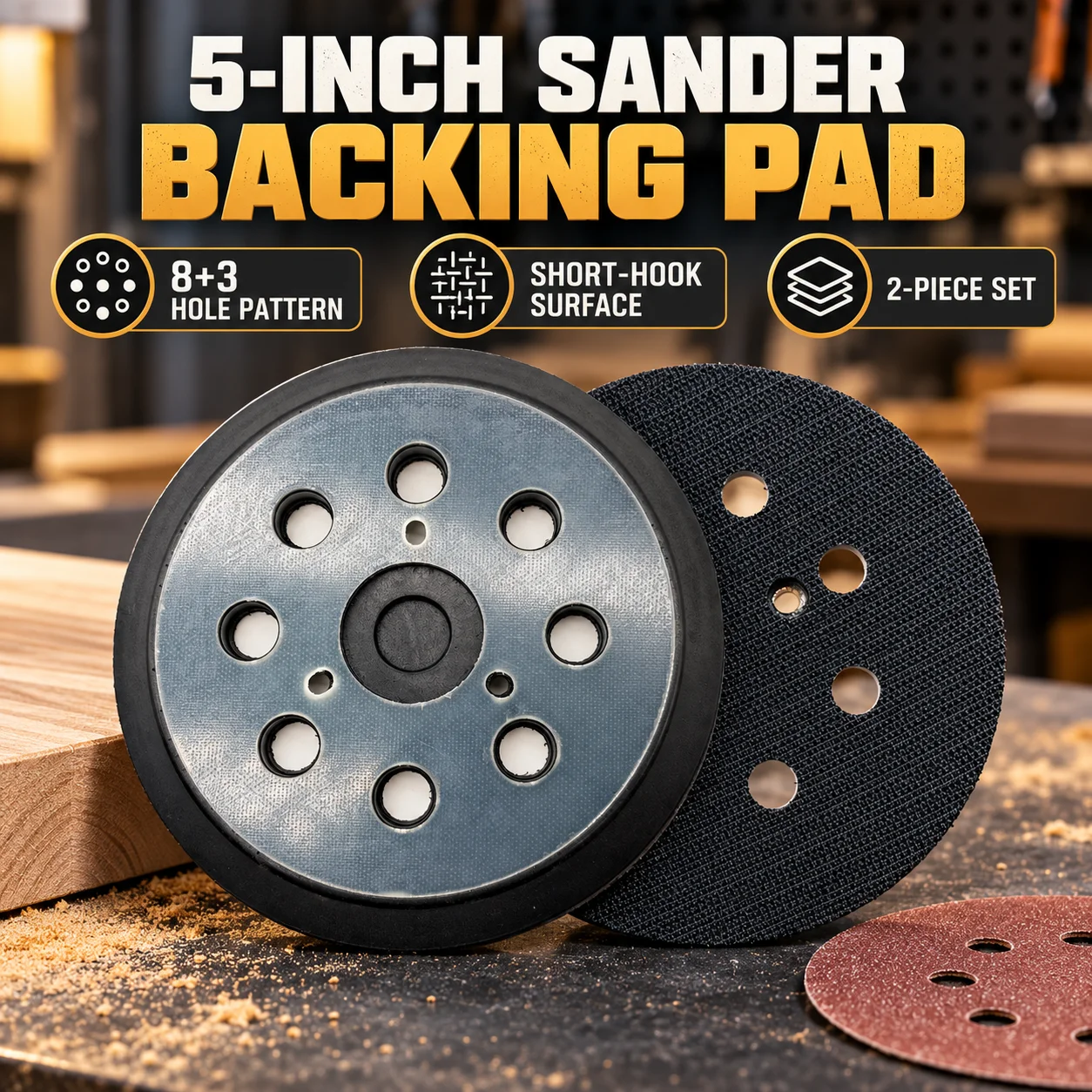 5-Inch Sander Backing Pad With 8+3 Hole Pattern, Short Hook Surface, Rubber Base, 2-Piece Set For Woodworking And Polishing