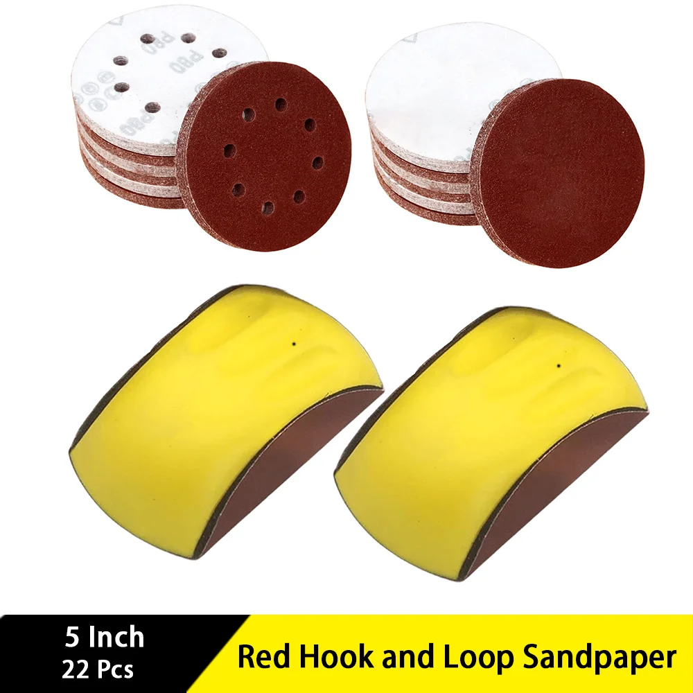 5 Inch Red Hook and Loop Sandpaper 22 Pcs with Hand Sanding Block for Polishing Wood Rubber Leather Plastic Stone Glass Woodwork