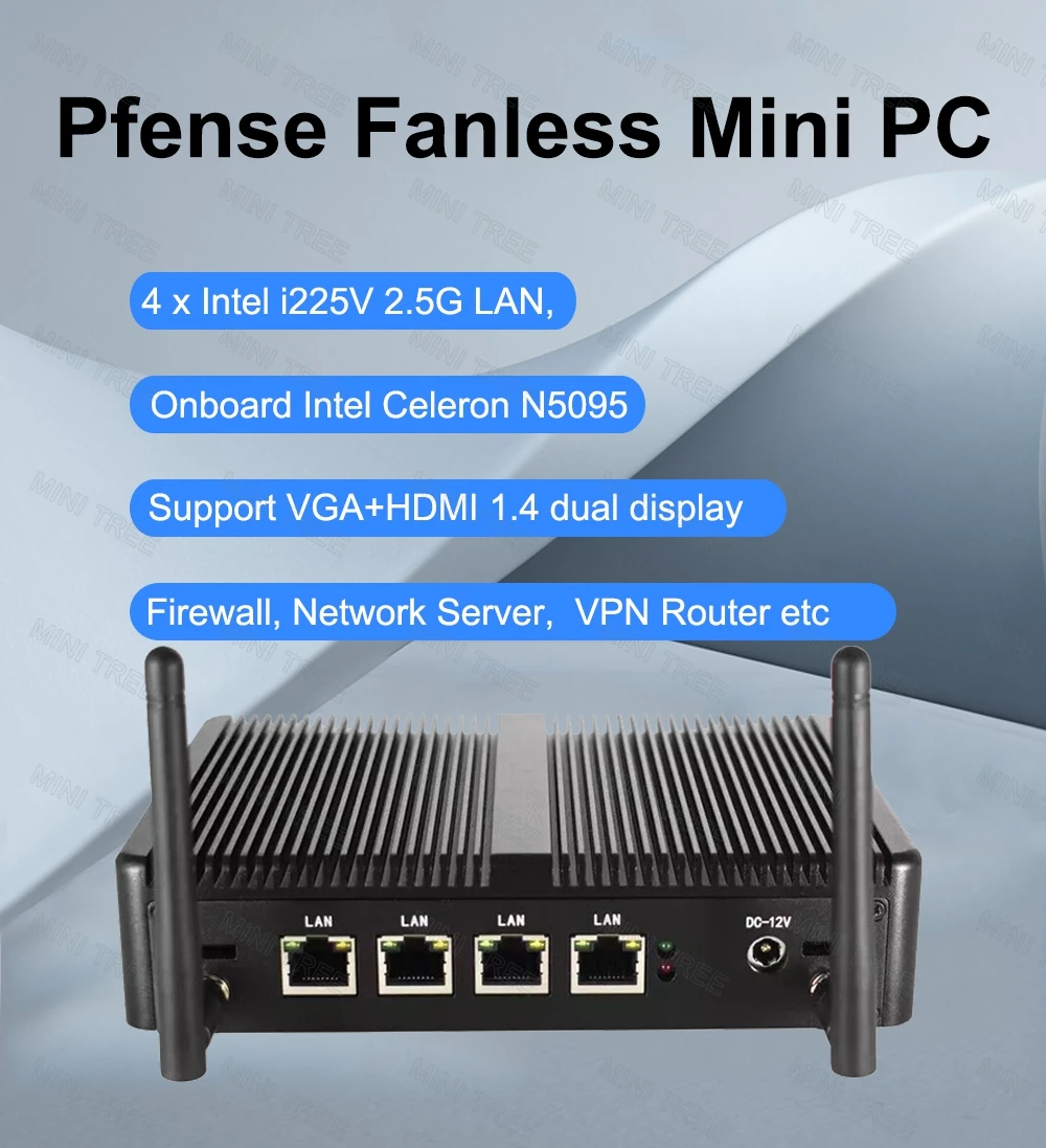 Celeron J1900 N5095 Mini PC senza ventola 4x2,5G Lan Home Office Firewall pc, server di rete/sicurezza e router VPN 8 GB RAM 128 GB SSD