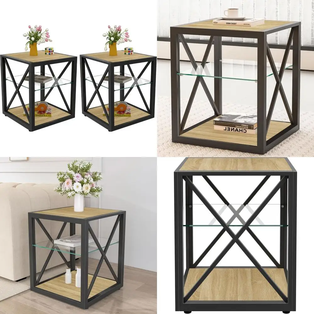 

Set of 2 Industrial 3-Tier Side Tables with Tempered Glass Tops and Metal X-Frame Bases for Home