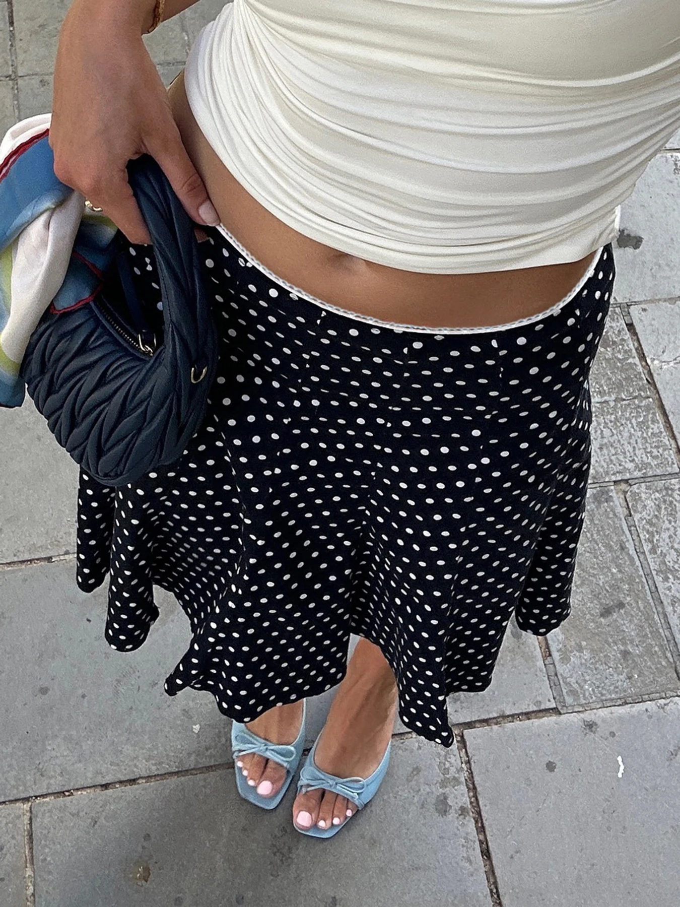 IAMSURE Casual Dot Printed Trumpet Skirts Basic Slim Low-Waisted Midi Skirts Women 2025 Spring Summer Fashion Streetwear Ladies