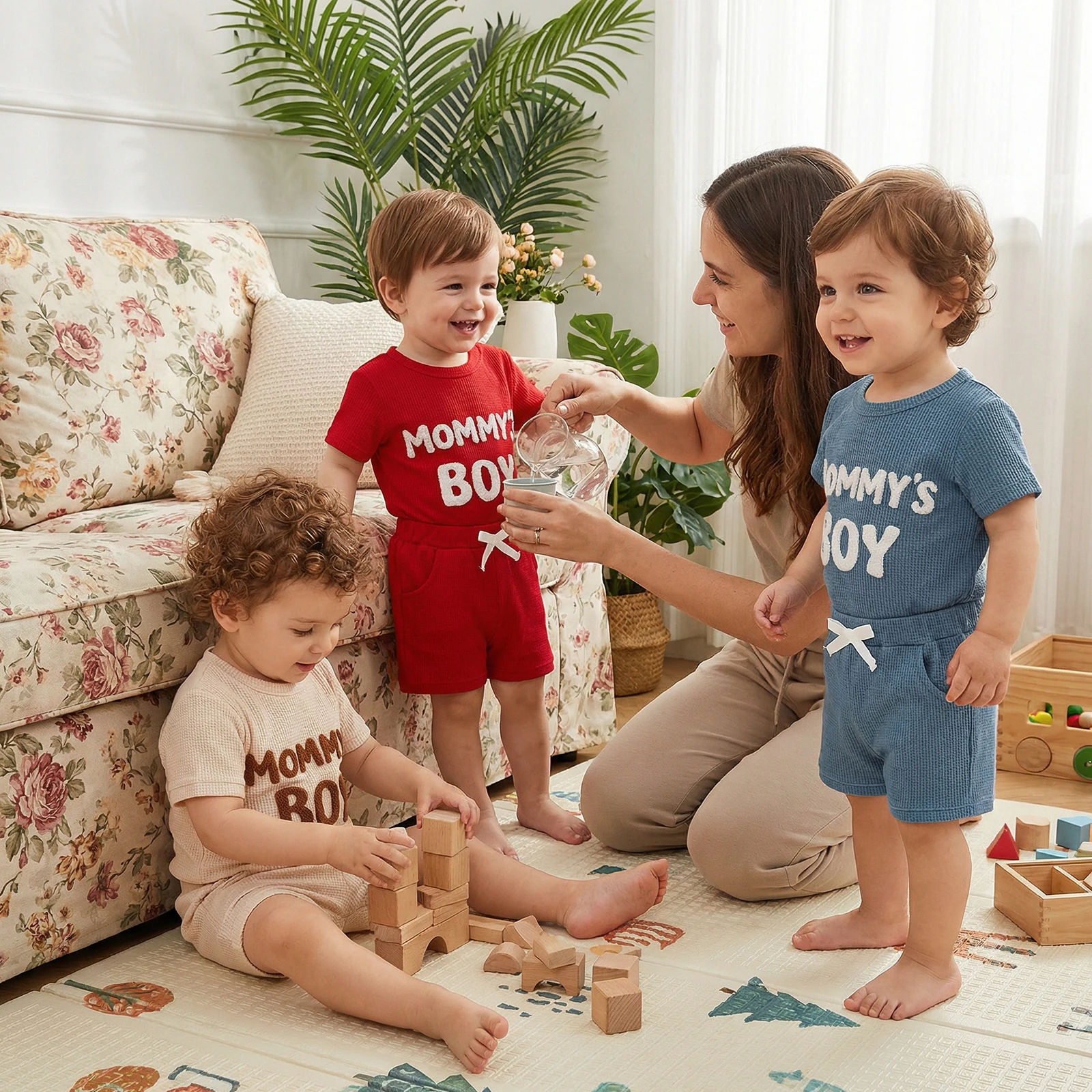 Citgeett Summer Infant Baby Boys Outfit Letter Embroidery Waffle Short Sleeve Romper Elastic Shorts Set Clothes