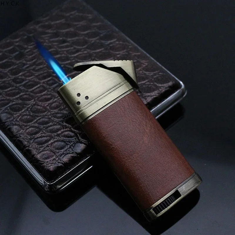 Windproof Metal Large Fire Leather Gas Direct Charge Turbine Lighter Kitchen Outdoor Barbecue Camping Cigar Lighter Men\'s Gifts