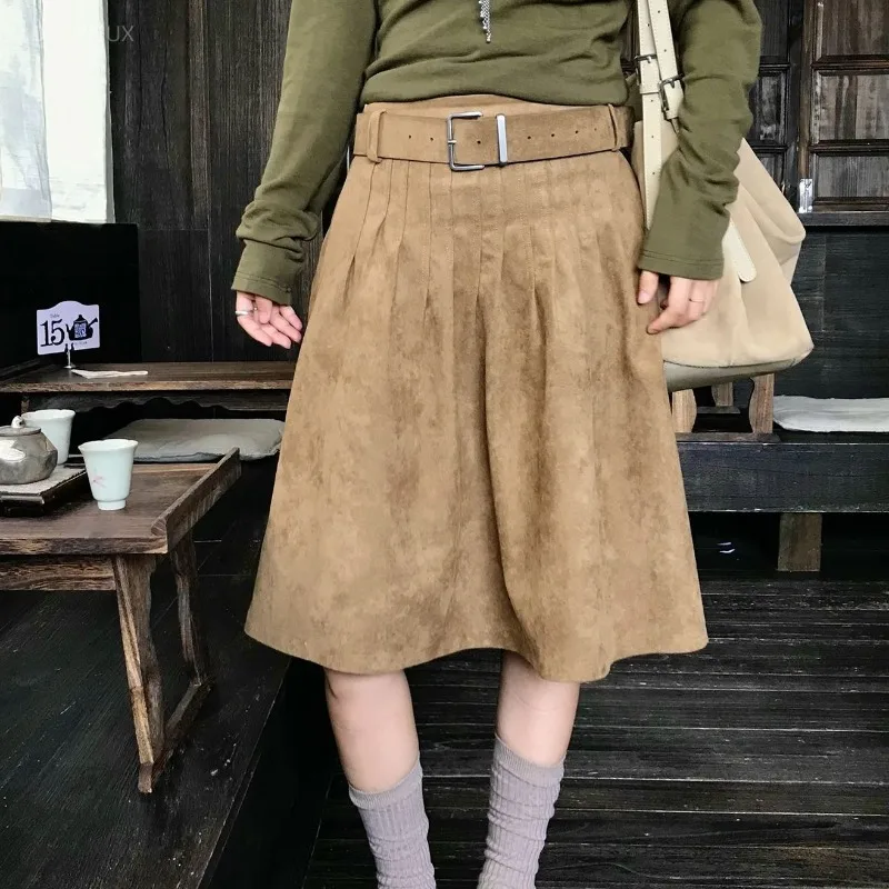 Suede Skirts Women Y2k Solid Autumn Winter Vintage Jupe Femme Korean Fashion High Waist Simple Sweet Long Skirt