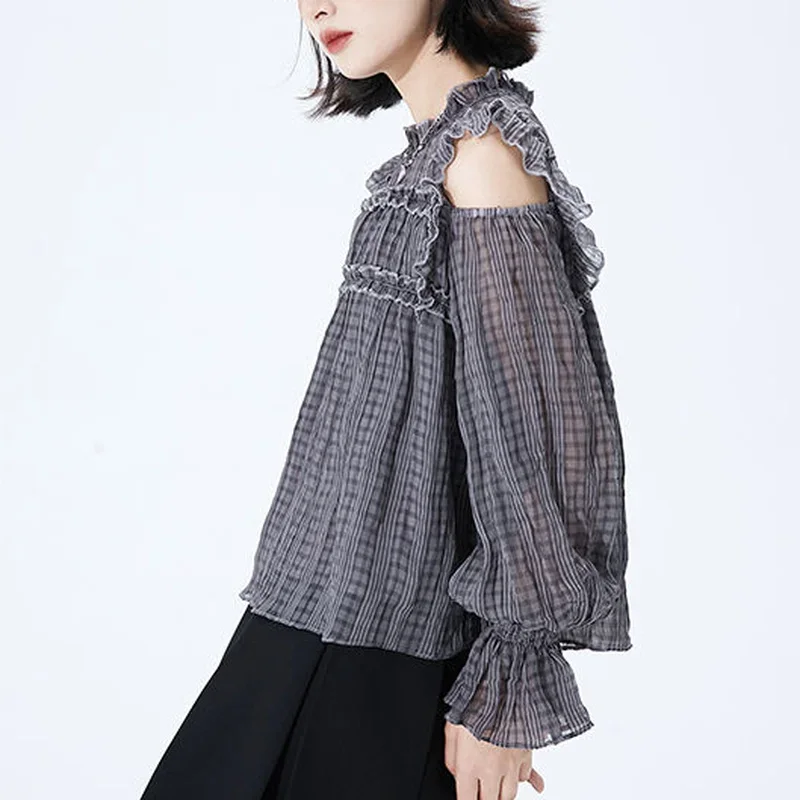 

Blouses Women Plaid Retro Casual Chic New Arrival Preppy Style Simple Student Harajuku Kpop Mujer De Moda Basic Off-shoulder Ins