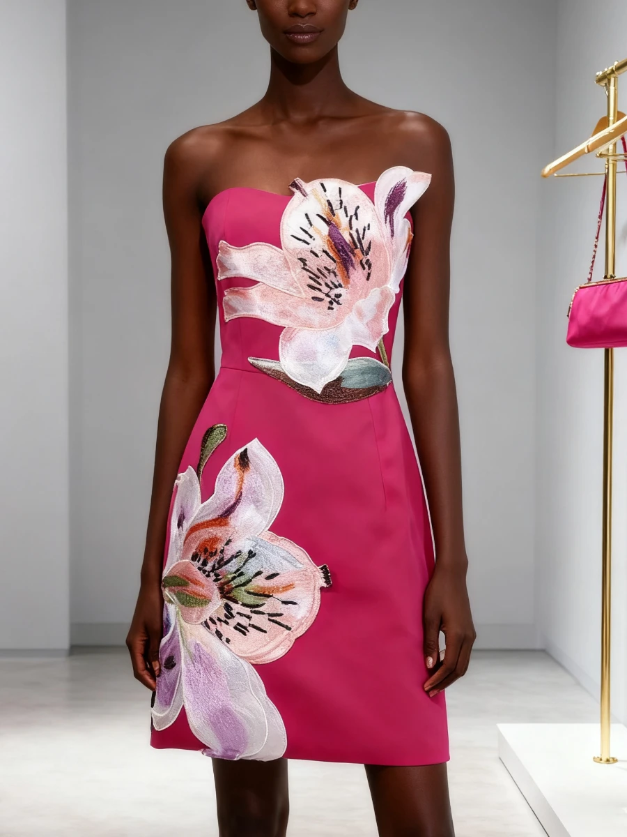 VGH Formal Evening Appliques Design Dresses for Women Strapless Sleeveless High Waist Slimming Elegant Mini Dress Female Style