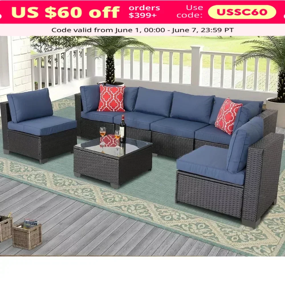 

Outdoor Rattan Wicker Conversation Sofa Garden Sectional Sets Coffee Table for Porch Poolside Navy, Garden Sofas