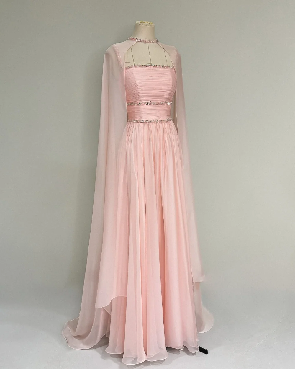 

Customized Pastrol Retro Chiffon Rhinestone Pleat A-line High Collar Long Dresses Bespoke Occasion Dresses Exquisite Classic