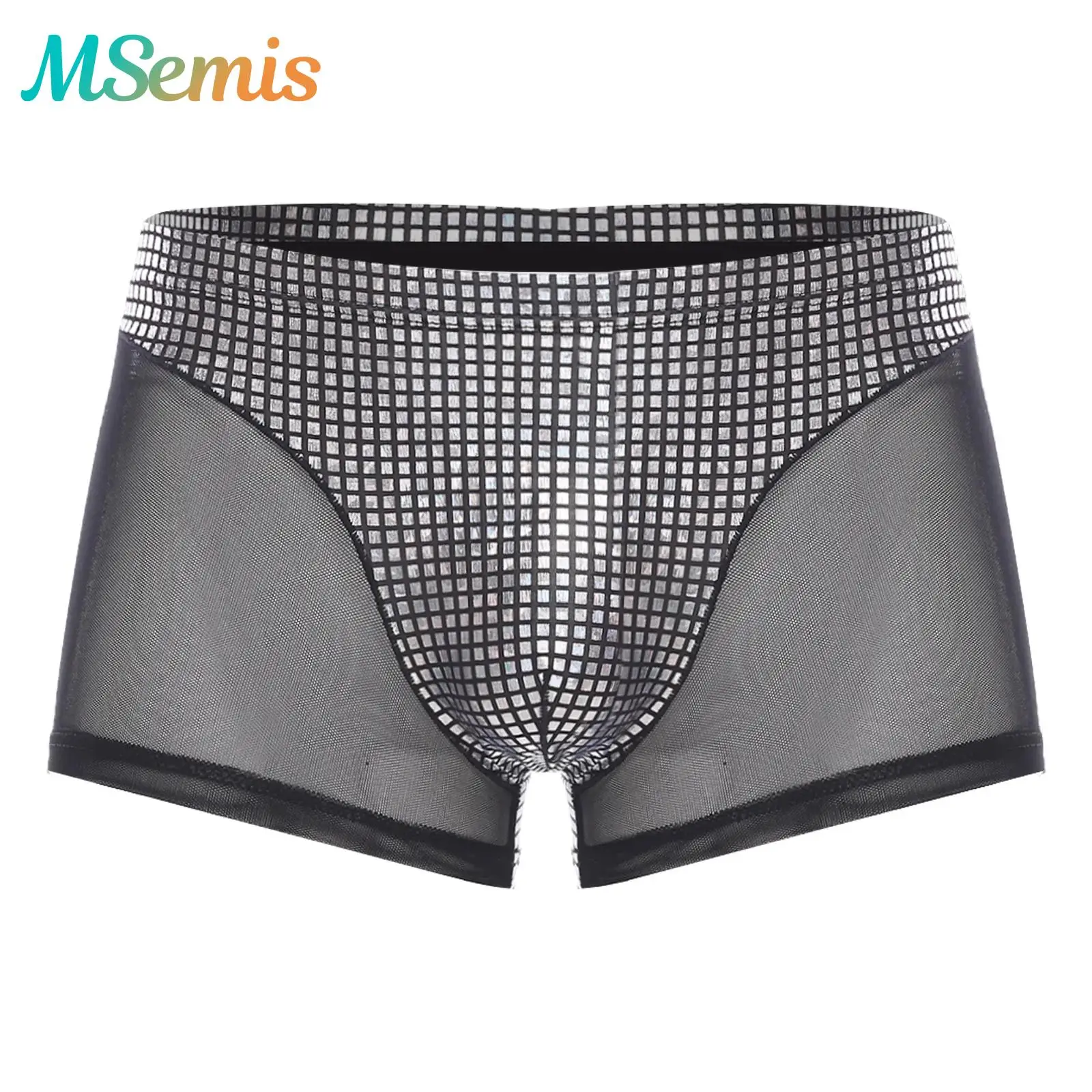 

Mens Metallic Shiny Boxer Briefs Shorts Plaid And Mesh Patchwork Shorts Swimming Trunks Breathable Underwear Club Party Costume