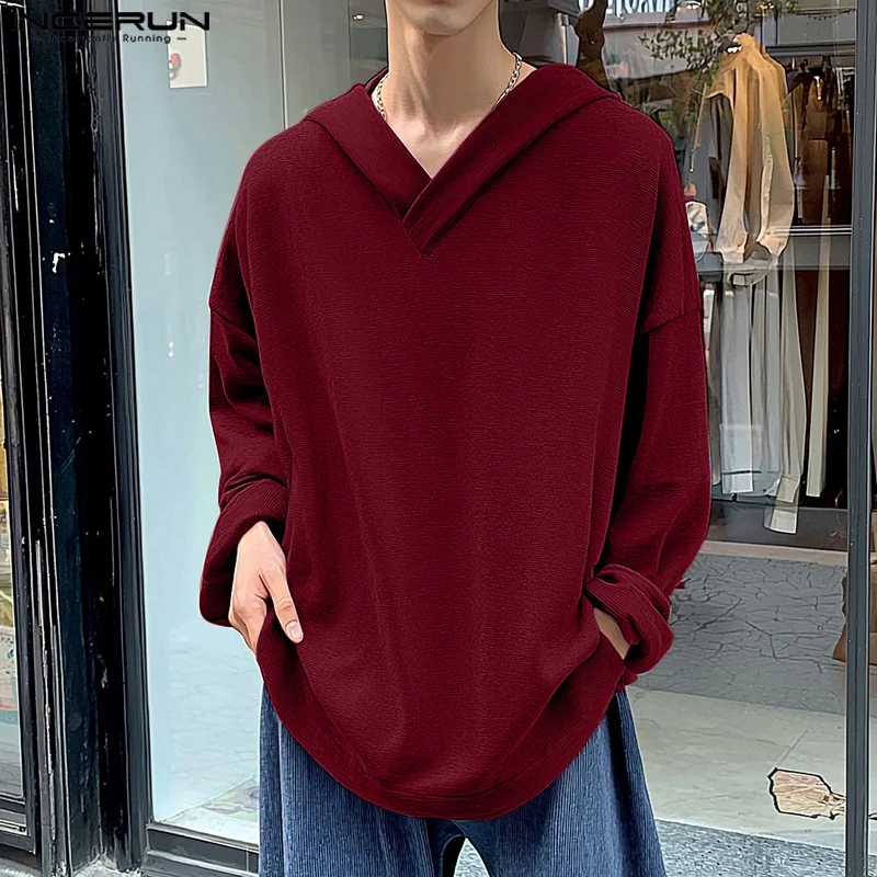 Stylish Casual Style Tops INCERUN Men's Texture Off Shoulder Sleeve Design Sweatshirts Handsome Male Solid Long Sleeved Pullover