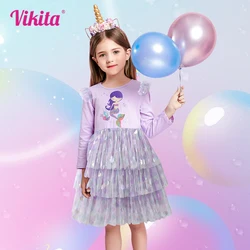 VIKITA Girls Long Sleeve Purple Dress Kids Mermaid Cartoon Dresses Girls Layered Mesh Tulle Princess Birthday Party Costumes