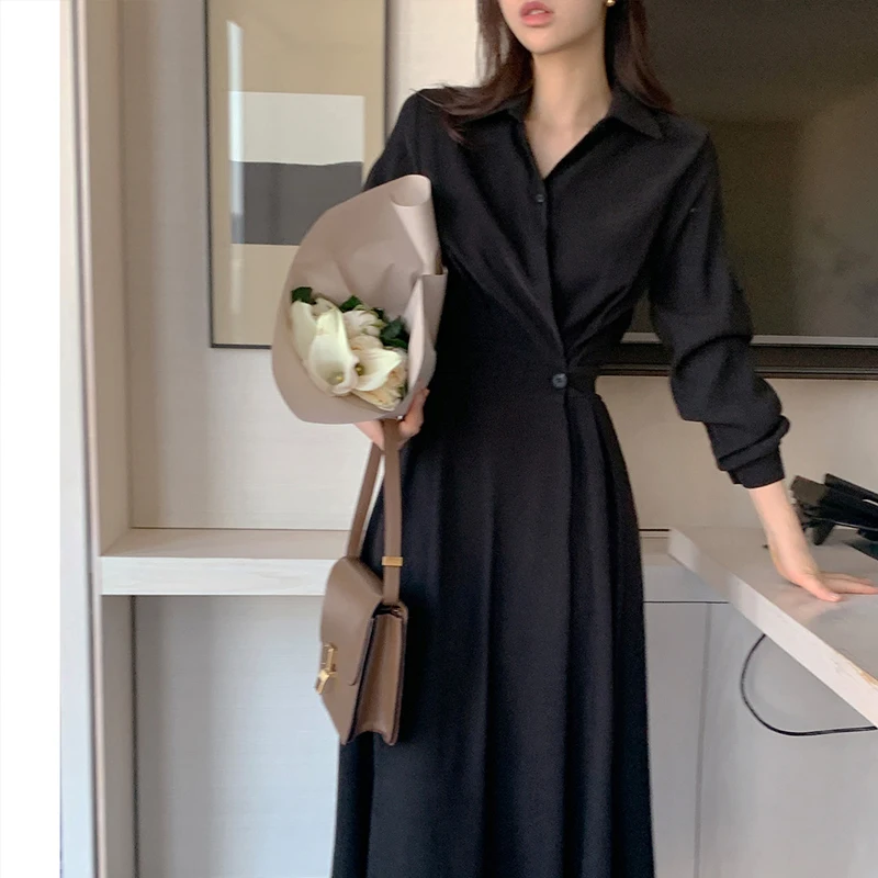 Chic Design irt Sle Long Dr  Collar Slimming Waist Early Spring Women's Dr Korean Sle High Waist A-Line Skirt