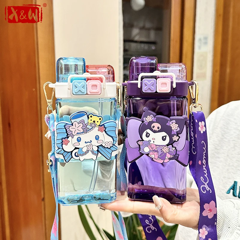 For Sanrio 520ml Hello Kitty My Melody Plastic Water Bottle Cartoon Double Drink Cup For Kid Kuromi Tritan Outdoor Water Cup