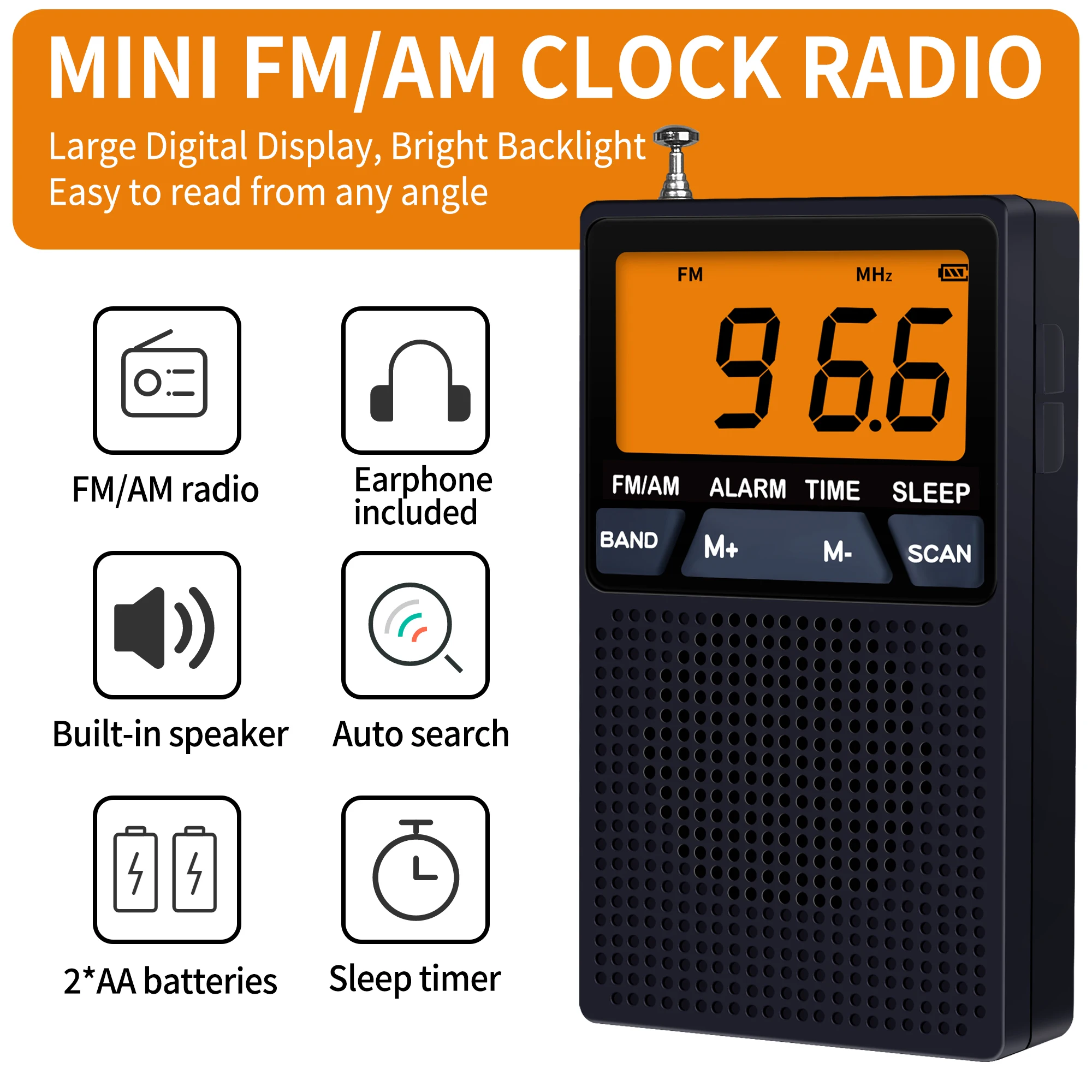 FM/AM high sensitivity pocket radio, elderly radio, alarm clock function, snooze function