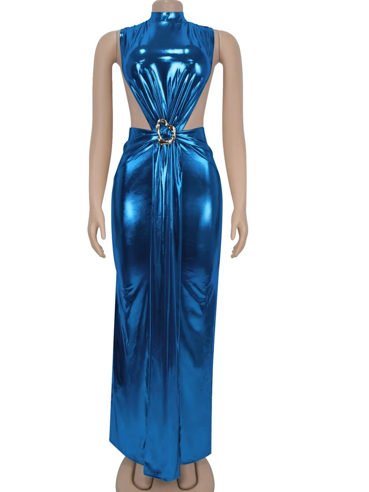 ชุดเดรสวันเกิดสุดหรูของคริสซีน ชุดเดรสปาร์ตี้หนังเมทัลลิกแบบเว้าคอเก๋ไก๋ ชุดคลับแวร์เซ็กซี่ ชุดคริสต์มาส