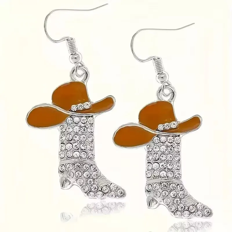 Women Enamel Cowboy Hat Boots Earrings Rhinestone Shoes Charms Stainless Steel Hook Earring Eardrop Cowgirls Party Jewelry Gift