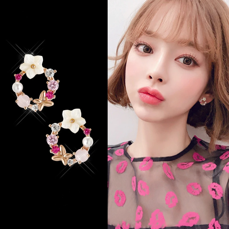 Flower Stud Earring Cute Inlay Color Zircon Flower Butterfly Garland Women Earrings Gifts Korean New Design Fashion Jewelry