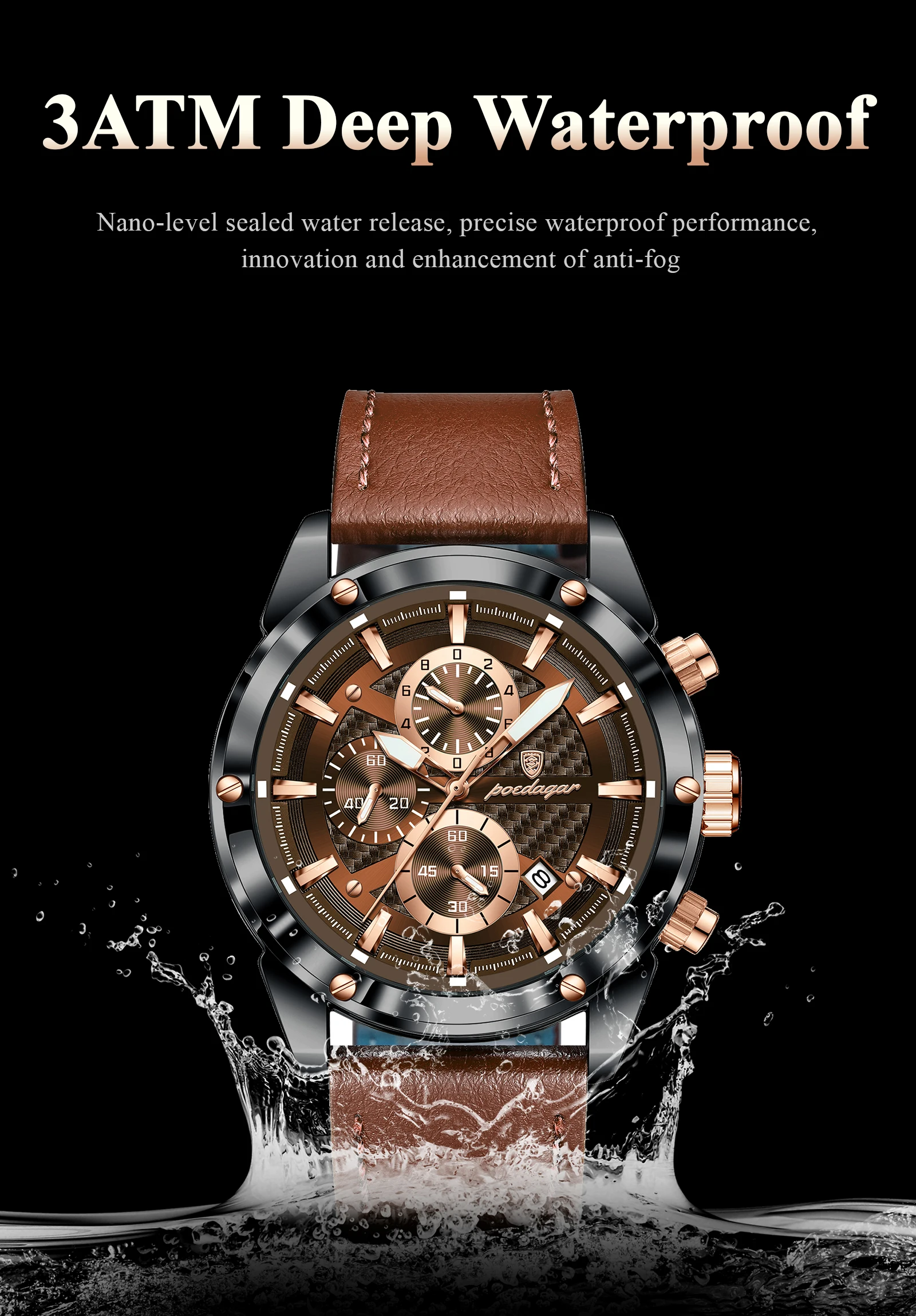 POEDAGAR High Quality Quartz Man Clock Waterproof Luminous Chronograph Date Men Wristwatch Leather Luxury Business Men's Watches