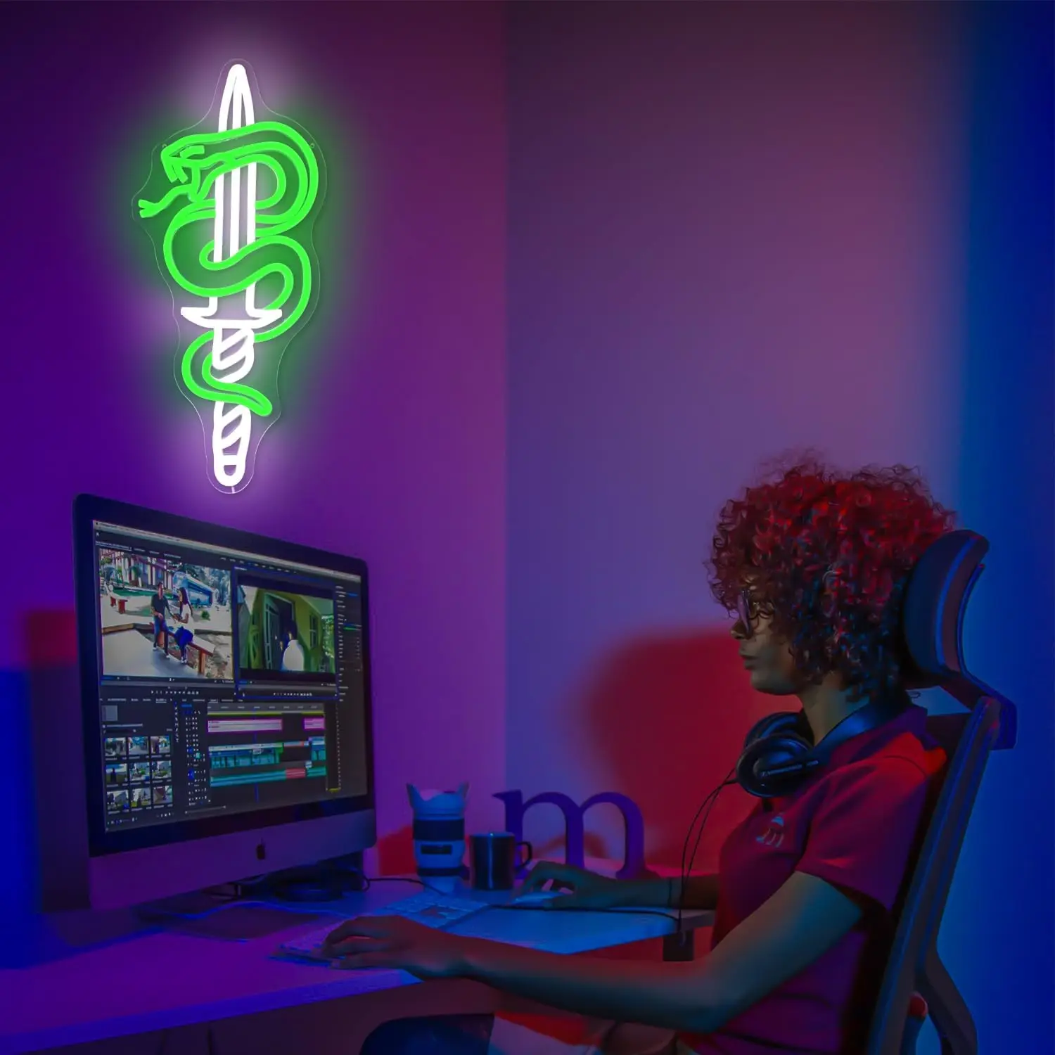 Snake Staff Neon Sign Slytherin Inspired LED Wall Art USB Powered Lamp Green White Decor Room Bar Party Aesthetic Hanging Light
