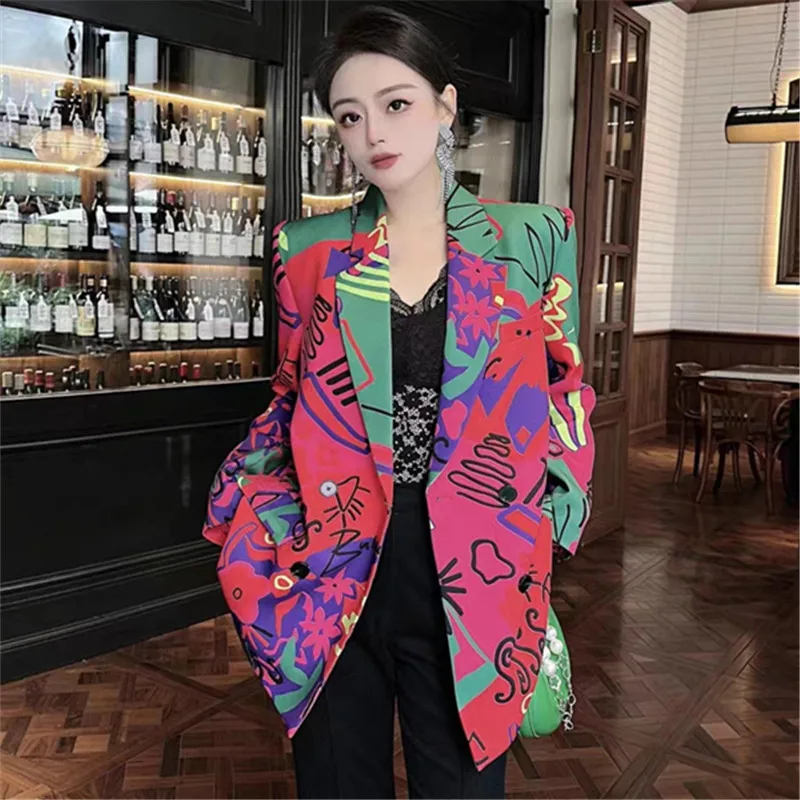 Double Notched Breasted Blazers for Women, Loose Casual Long Coat, Female Tops, Print Doodle Jackets, Autumn Elegant Clothing,