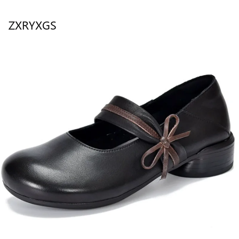

Туфли ZXRYXGS из натуральной кожи с низким каблуком, элегантные, для банкетов, 2026, новые, полностью из натуральной кожи, удобные, модные женские туфли