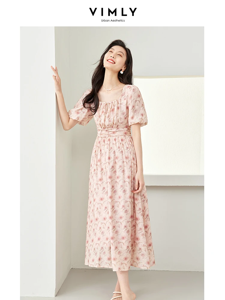 

VIMLY Women's Flower Printed Bohemia Dress Summer Casual Square Neck Bubble Sleeve Elastic Waist Commuter Style Long Dress M6718
