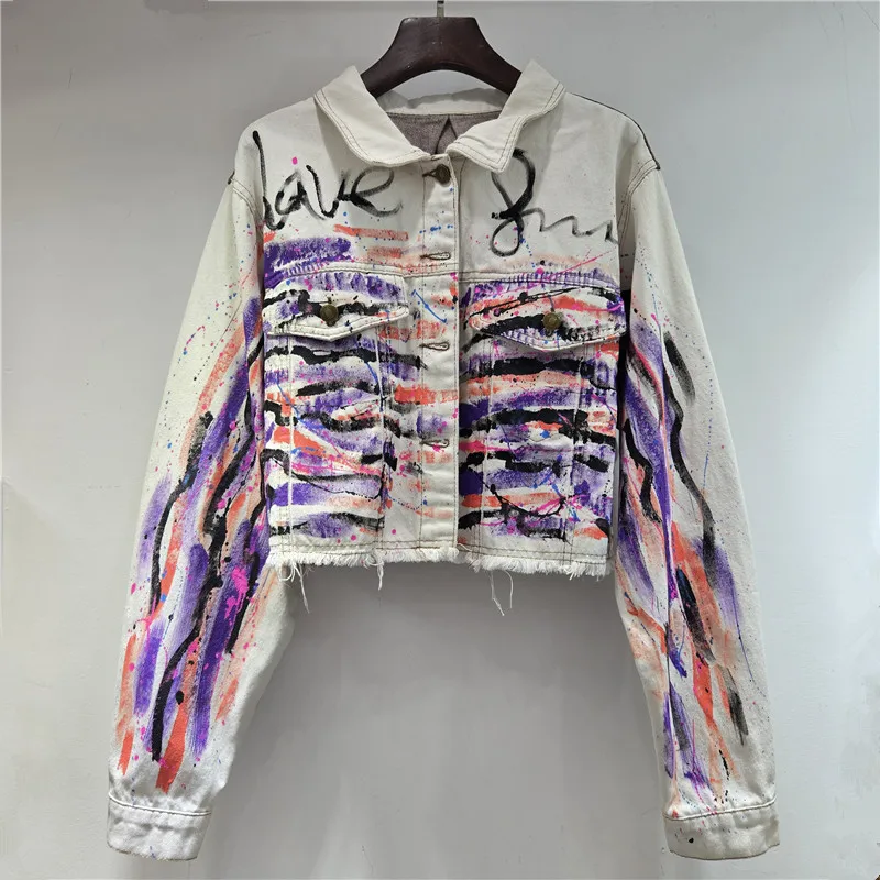 Fashion Hand-Painted Graffiti Print Apricot Short Denim Jacket Women Autumn New Lapel Single-Breasted Long Sleeve Cowboy Outwear