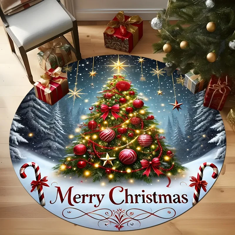 Santa Deer Round Rug vintage portrait santa claus reindeer snowing pine poinsettia art 80x80cm - view 2
