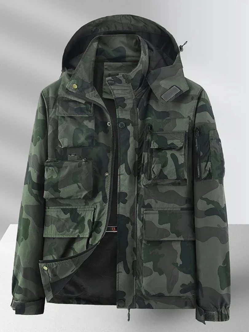 2024 Spring Men Hooded Cargo Jacket Men Autumn Bomber Jackets Camouflage Windbreaker Male Casual Cargo Coats