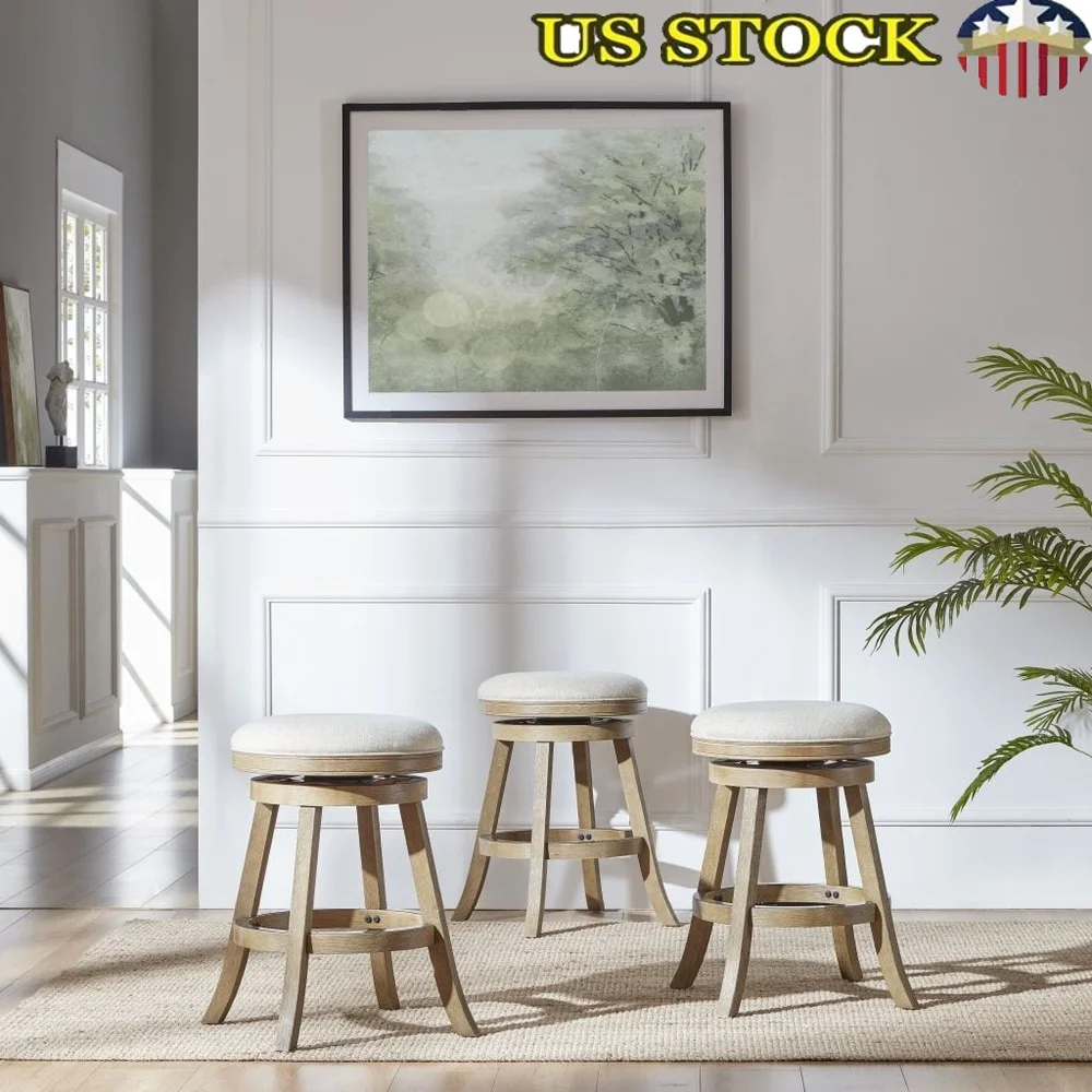 

Backless Swivel Kitchen Bar Stool Rubberwood Frame 360-Degree Swivel High-Density Foam Seat Linen Upholstered Driftwood Ivory