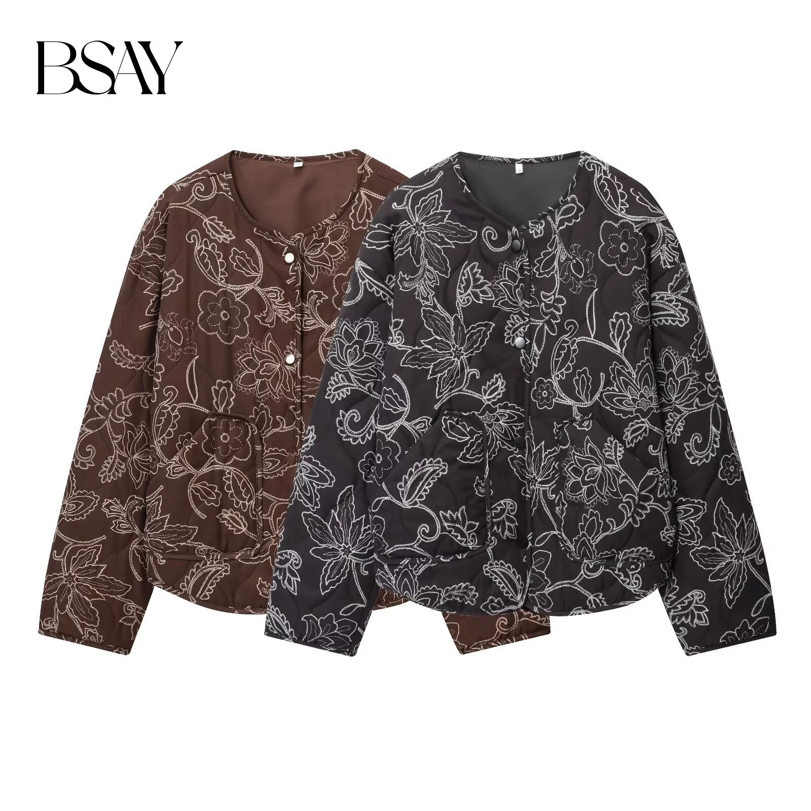 BSAY round neck long sleeved single row button women's clothing 2025 autumn new casual simple quilted coating jacket