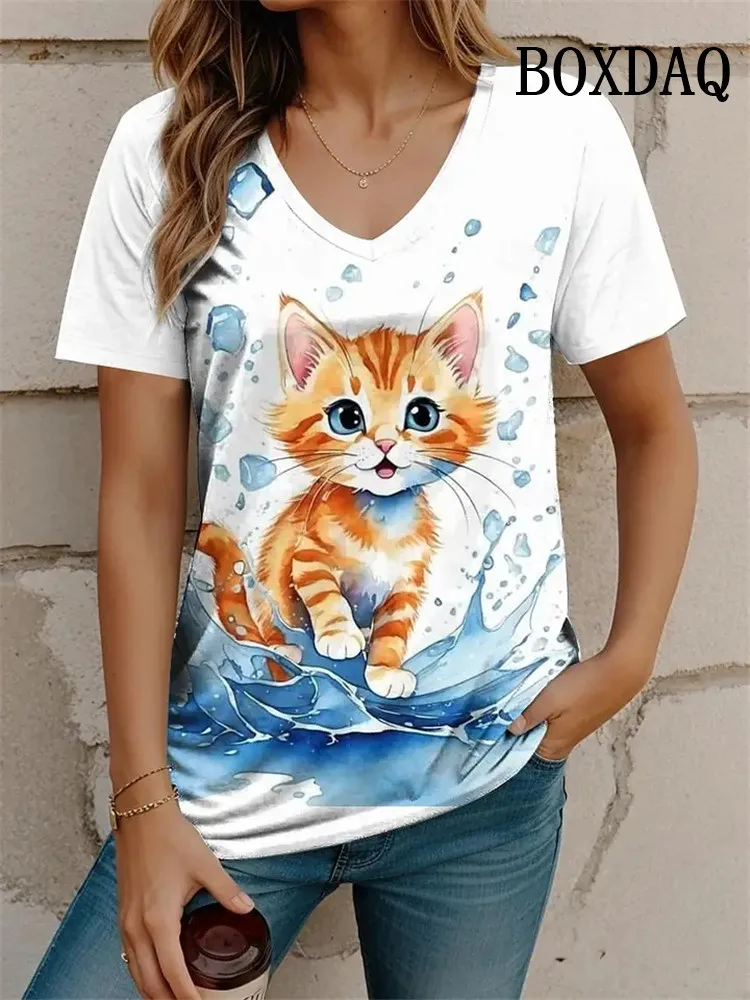 Outdoor Women's T-Shirt Cute Cat Printed Short Sleeve Top Female Harajuku Tees Shirt Plus Size V-Neck Tops Animal Women Clothing