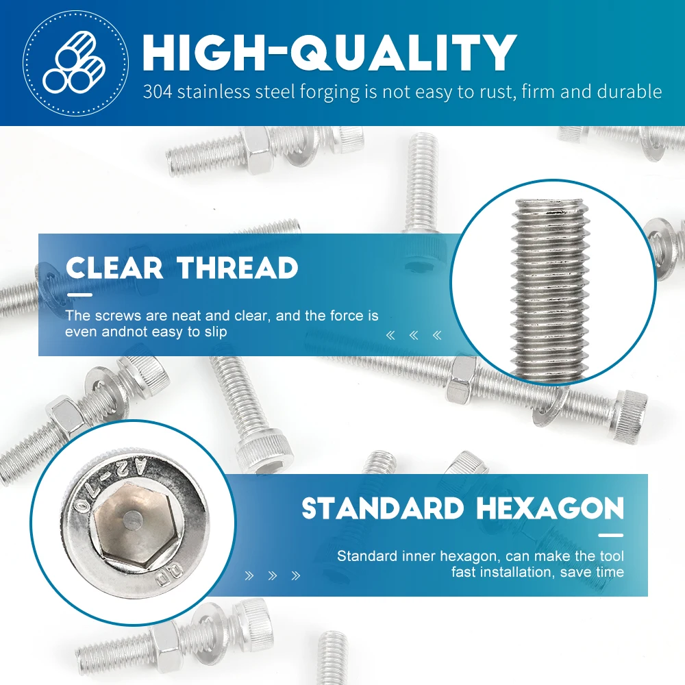 NINDEJIN-Juego de pernos y tuercas de acero inoxidable, Kit de tornillos de cabeza Allen de gran tamaño, juego de tuercas de enchufe hexagonal con arandelas, M6 M8 M10