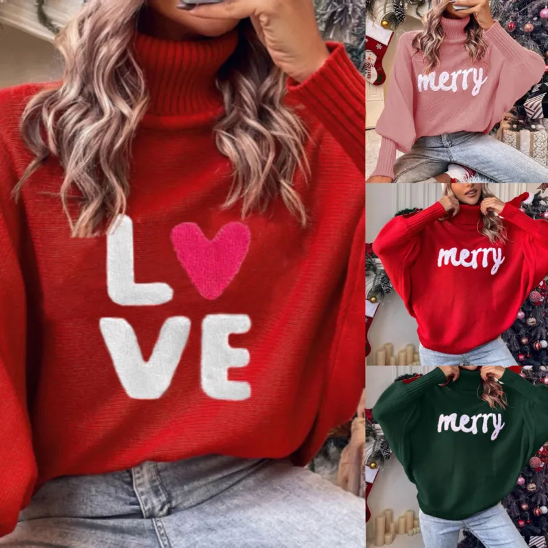 

Merry Christmas Jersey Sweater Women Autumn Winter Pullover Long Knitwear Girl 2024 Fashion Loose Bat Sleeves Knit Tops Jumper