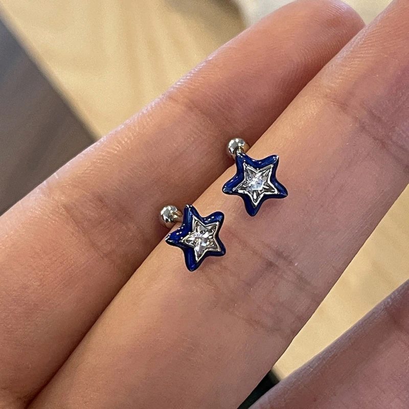 Treasure Blue Zirconia Star Ear Bone Studs Pentagram Mini Stud Earrings Cool Sweet Aesthetic Earrings Versatile Fashion Jewelry