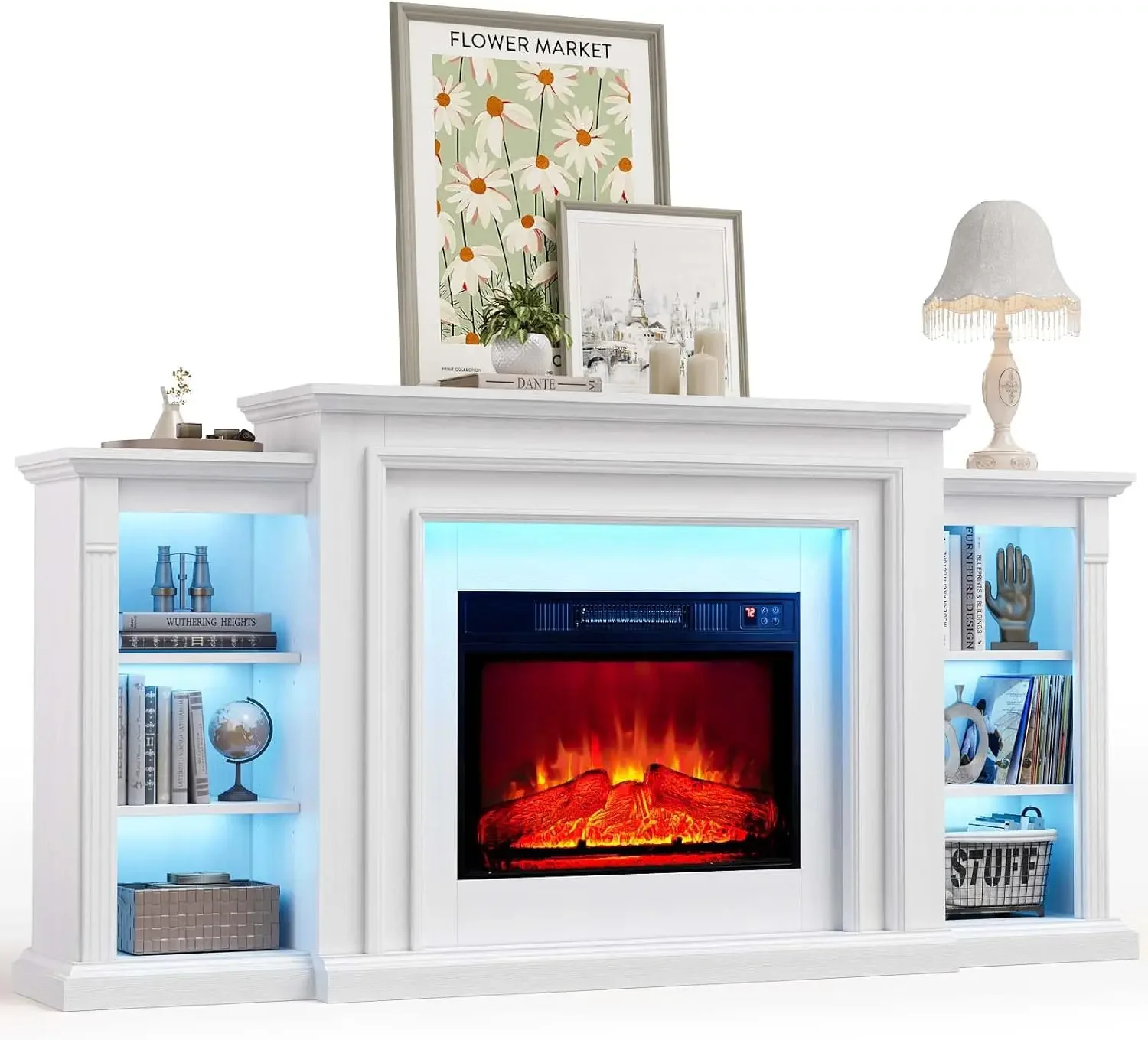 Lights Electric Fireplace with Mantel, Fireplace TV Stand for TVs Up to 80",Modern Entertainment Center with Storage, Delicate T